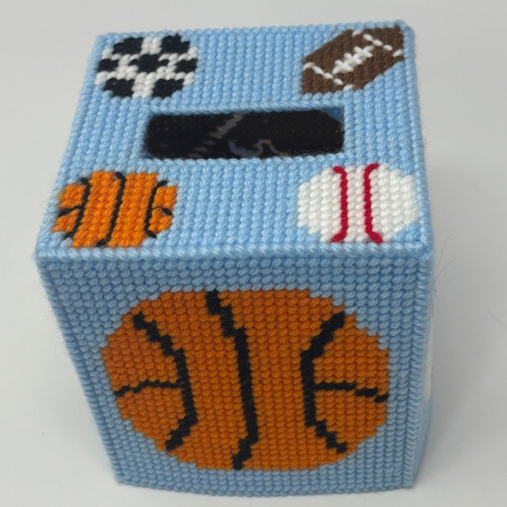 Handmade Sports Needlepoint Tissue Box Cover nostalgic Sports balls Box Boys